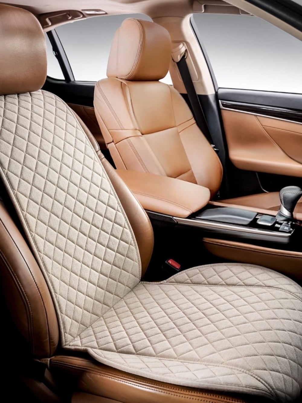 Faux Linen Front Car Seat Cover, Seat Protector, 2 Units, Light Beige